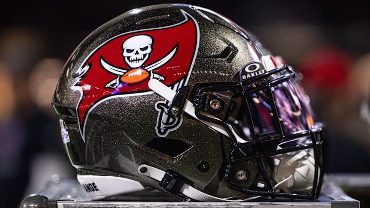 Oct 13, 2024; New Orleans, Louisiana, USA;  Detailed view of the Tampa Bay Buccaneers helmet against the New Orleans Saints during the first half at Caesars Superdome. Mandatory Credit: Stephen Lew-Imagn Images