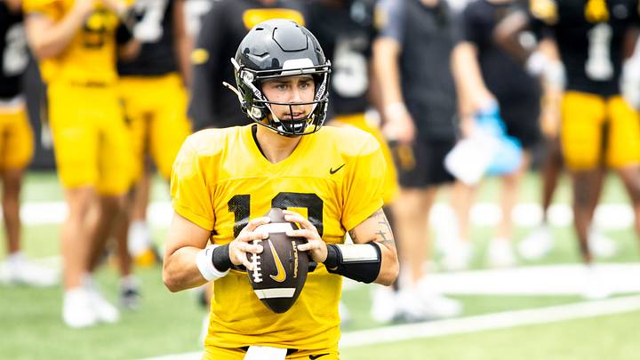 Aug 9, 2025; Iowa quarterback Jeremy Hecklinski (10) looks to pass during the Hawkeyes Kids Day NCAA football open practice at Kinnick Stadium in Iowa City, Iowa. Mandatory Credit: Joseph Cress for the Des Moines Register