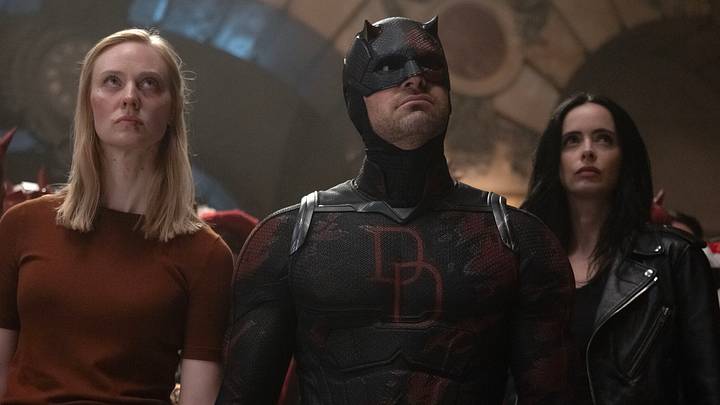 (L-R) Karen Page (Deborah Ann Woll), Matt Murdock/Daredevil (Charlie Cox) and Jessica Jones (Krysten Ritter) in Marvel Television’s DAREDEVIL: BORN AGAIN SEASON 2, exclusively on Disney+. Photo by Jojo Whilden. © 2026 MARVEL.