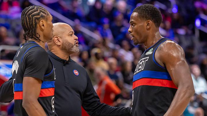 Jan 23, 2026; Detroit, Michigan, USA; Detroit Pistons head coach J.B. Bickerstaff talks to Detroit Pistons guard Ausar Thompson (9) and center Jalen Duren (0) on a time out against the Houston Rockets during the first half at Little Caesars Arena. Mandatory Credit: David Reginek-Imagn Images Jan 23, 2026; Detroit, Michigan, USA; Detroit Pistons head coach J.B. Bickerstaff talks to Detroit Pistons guard Ausar Thompson (9) and center Jalen Duren (0) on a time out against the Houston Rockets during the first half at Little Caesars Arena. Mandatory Credit: David Reginek-Imagn Images