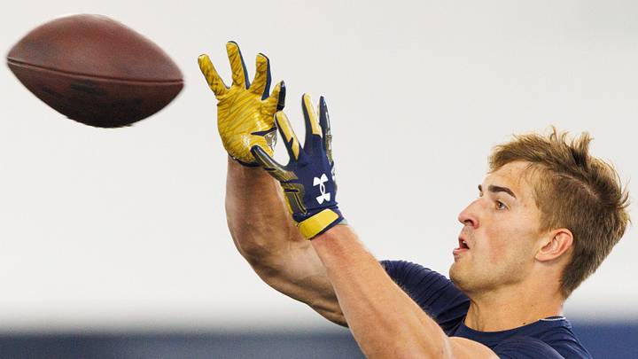 Tight end Eli Raridon during Notre Dame football's Pro Day at Irish Athletic Center on Tuesday, March 24, 2026, in South Bend. Tight end Eli Raridon during Notre Dame football's Pro Day at Irish Athletic Center on Tuesday, March 24, 2026, in South Bend.