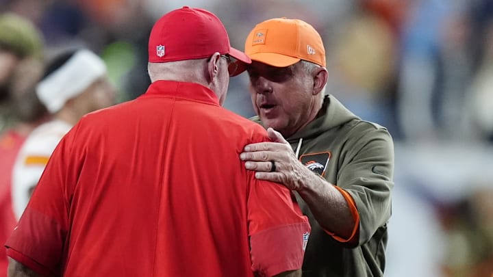 Nov 16, 2025; Denver, Colorado, USA; Denver Broncos head coach Sean Payton greets Kansas City Chiefs head coach Andy Reid following the game at Mile High. 