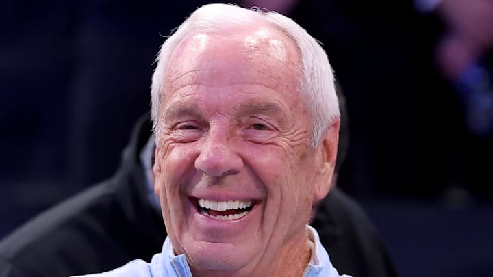 Dec 5, 2023; New York, New York, USA; North Carolina Tar Heels former head coach Roy Williams watches from the stands during halftime against the Connecticut Huskies at Madison Square Garden. Mandatory Credit: Brad Penner-Imagn Images