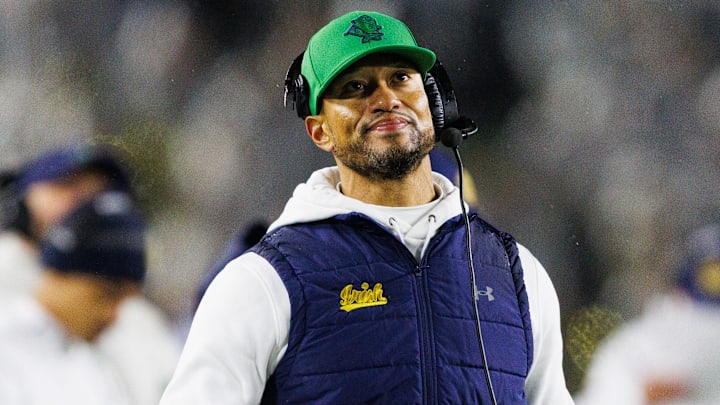 Notre Dame head coach Marcus Freeman looks on during the first half of a NCAA football game against Navy at Notre Dame Stadium