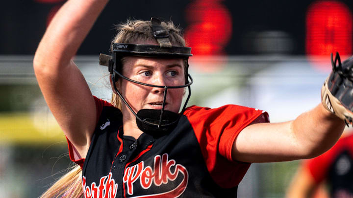 North Polk's Ava Husak pitches during day one of the Iowa high school state softball tournament on Monday, July 17, 2023 in Fort Dodge.