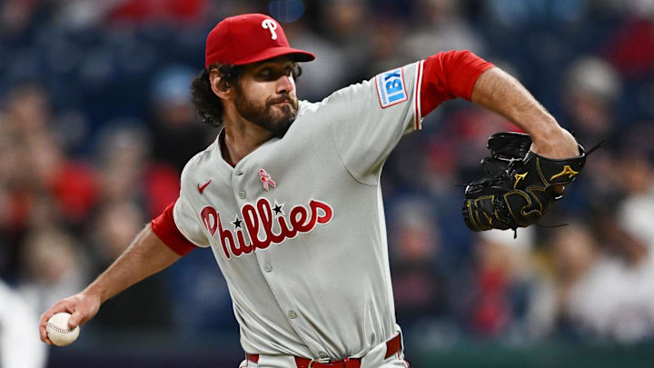 May 11, 2025; Cleveland, Ohio, USA; Philadelphia Phillies relief pitcher Jordan Romano (68) throws a pitch during the ninth inning against the Cleveland Guardians at Progressive Field. 
