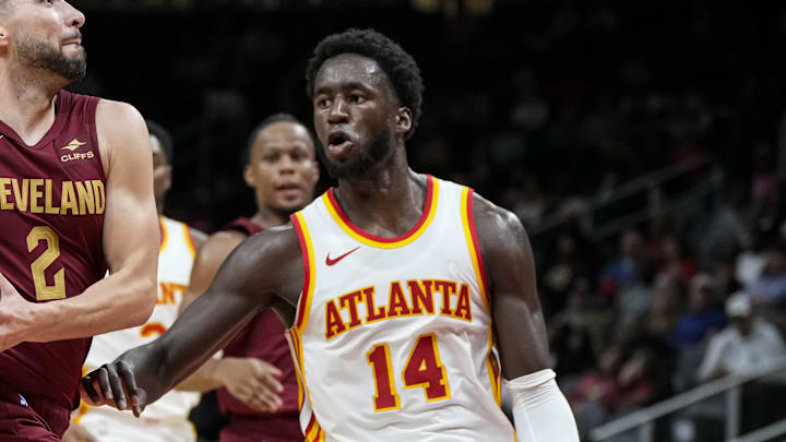 Oct 10, 2023; Atlanta, Georgia, USA; Cleveland Cavaliers guard Ty Jerome (2) drives to the basket against Atlanta Hawks forward AJ Griffin (14) during the second half at State Farm Arena. Mandatory Credit: Dale Zanine-Imagn Images