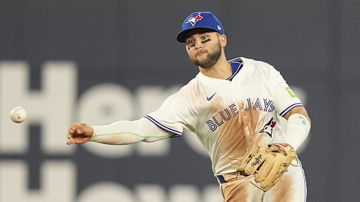Apr 29, 2025; Toronto, Ontario, CAN; Toronto Blue Jays shortstop Bo Bichette (11) throws out Boston Red Sox left fielder Jarren Duran (not pictured) to end the top of the sixth inning at Rogers Centre. Mandatory Credit: John E. Sokolowski-Imagn Images Apr 29, 2025; Toronto, Ontario, CAN; Toronto Blue Jays shortstop Bo Bichette (11) throws out Boston Red Sox left fielder Jarren Duran (not pictured) to end the top of the sixth inning at Rogers Centre. Mandatory Credit: John E. Sokolowski-Imagn Images