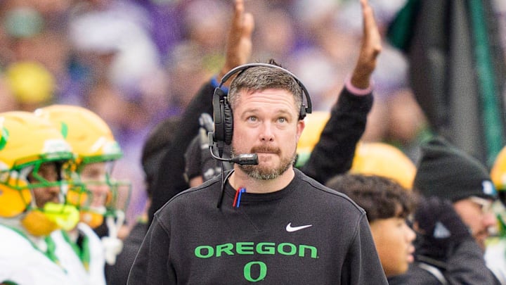 Oregon head coach Dan Lanning walks the sideline as the Oregon Ducks take on the Washington Huskies on Nov. 29, 2025, at Husky Stadium in Seattle, Washington.