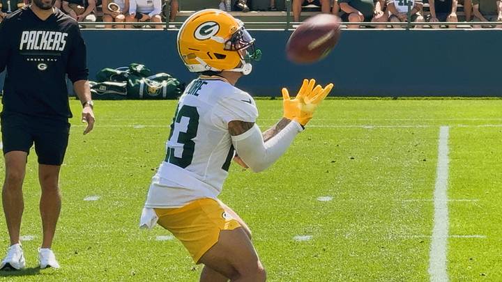 Skyy Moore fields a punt at Packers training camp. Skyy Moore fields a punt at Packers training camp.