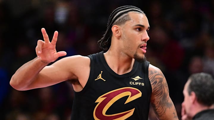 Nov 21, 2025; Cleveland, Ohio, USA; Cleveland Cavaliers guard Jaylon Tyson (20) celebrates after hitting a three point basket against the Indiana Pacers during the second half at Rocket Arena. Mandatory Credit: Ken Blaze-Imagn Images
