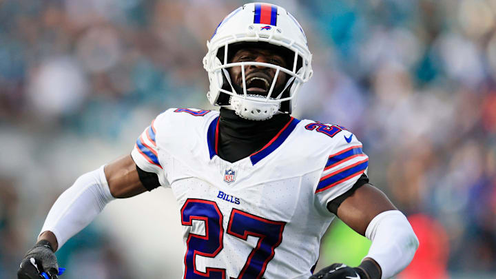 Buffalo Bills CB Tre'davious White celebrates the game-deciding interception during an AFC Wild Card playoff matchup.