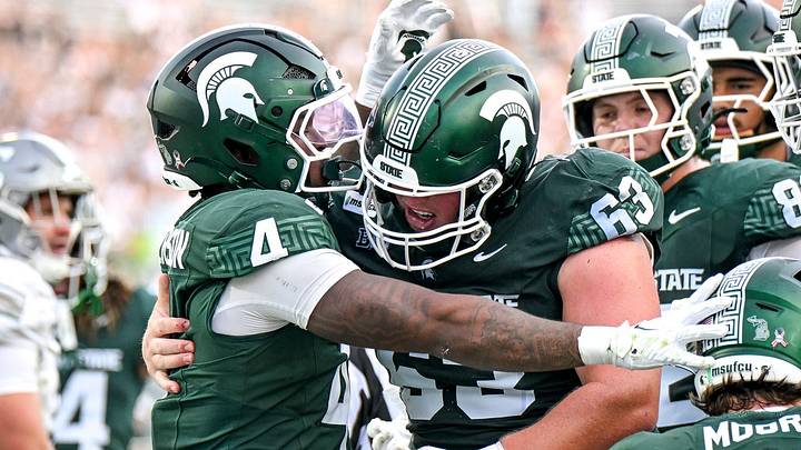 Michigan State’s Jaziun Patterson, left, celebrates his touchdown with Trent Fraley during the fourth quarter against Eastern Michigan on Saturday, Sept. 12, 2026, at Spartan Stadium in East Lansing. Michigan State’s Jaziun Patterson, left, celebrates his touchdown with Trent Fraley during the fourth quarter against Eastern Michigan on Saturday, Sept. 12, 2026, at Spartan Stadium in East Lansing.
