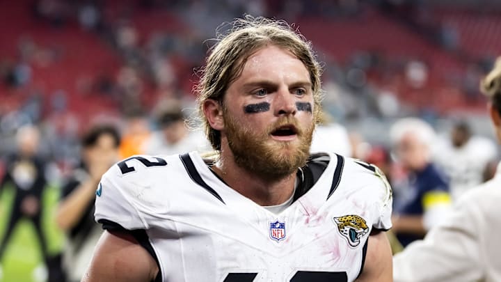 Nov 23, 2025; Glendale, Arizona, USA; Jacksonville Jaguars safety Andrew Wingard (42) against the Arizona Cardinals at State Farm Stadium. Mandatory Credit: Mark J. Rebilas-Imagn Images