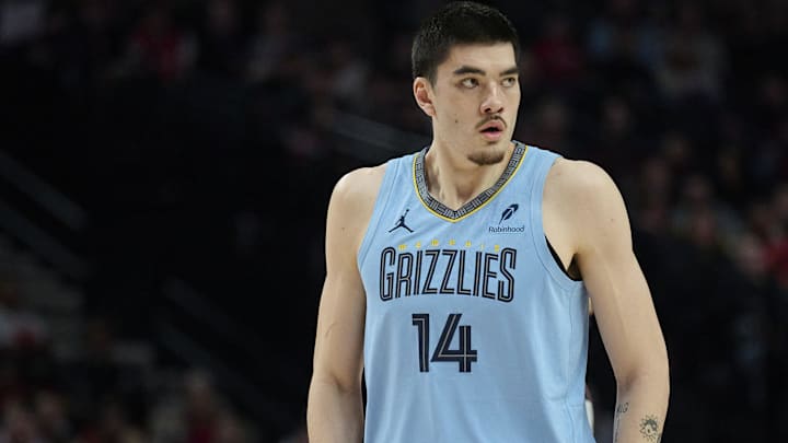 Mar 19, 2025; Portland, Oregon, USA; Memphis Grizzlies center Zach Edey (14) during the first half against the Portland Trail Blazers at Moda Center.