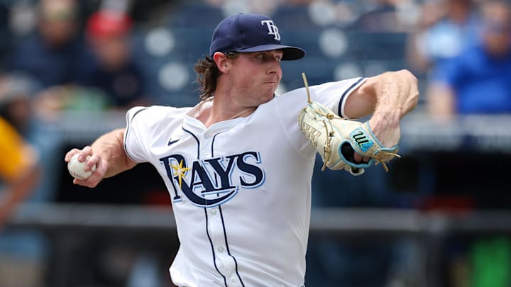 Tampa Bay Rays starting pitcher Ryan Pepiot (44) throws a pitch against the Oakland Athletics in the first inning at George M. Steinbrenner Field.