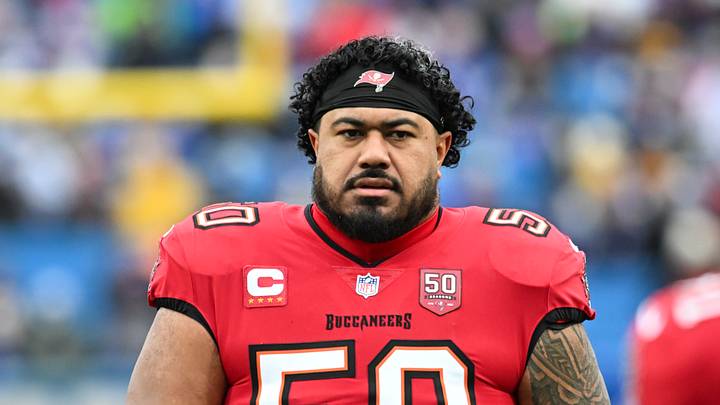 Nov 16, 2025; Orchard Park, New York, USA;  Tampa Bay Buccaneers defensive tackle Vita Vea (50) warms up prior to the game against the Buffalo Bills at Highmark Stadium. Mandatory Credit: Mark Konezny-Imagn Images