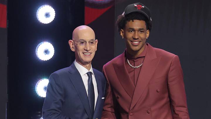 NBA commissioner Adam Silver greets the fifteenth pick in the 2026 NBA draft, Texas guard Dailyn Swain NBA commissioner Adam Silver greets the fifteenth pick in the 2026 NBA draft, Texas guard Dailyn Swain