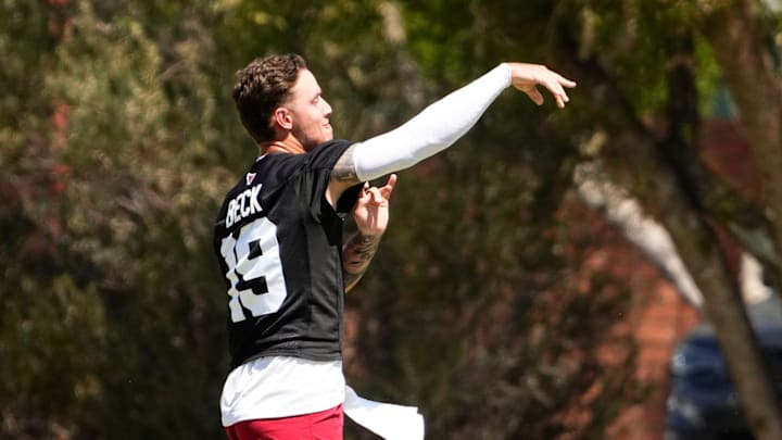 Arizona Cardinals quarterback Carson Beck (19) during rookie mini-camp practice on May 8, 2026, at the Dignity Health Arizona Cardinals Training Center in Tempe. Arizona Cardinals quarterback Carson Beck (19) during rookie mini-camp practice on May 8, 2026, at the Dignity Health Arizona Cardinals Training Center in Tempe.