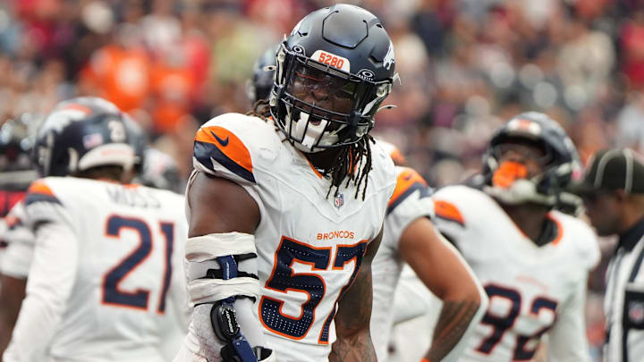 Nov 2, 2025; Houston, Texas, USA; Denver Broncos linebacker Dre Greenlaw (57) reacts after a play during the first half against the Houston Texans at NRG Stadium. 