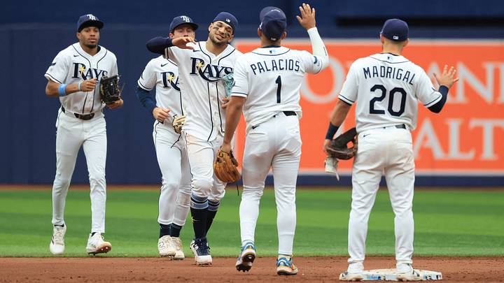 Sep 13, 2026; St. Petersburg, Florida, USA; Tampa Bay Rays right fielder Victor Mesa Jr. (25), second baseman Richie Palacios (1) and teammates celebrate after they beat the Houston Astros at Tropicana Field. Mandatory Credit: Kim Klement Neitzel-Imagn Images Sep 13, 2026; St. Petersburg, Florida, USA; Tampa Bay Rays right fielder Victor Mesa Jr. (25), second baseman Richie Palacios (1) and teammates celebrate after they beat the Houston Astros at Tropicana Field. Mandatory Credit: Kim Klement Neitzel-Imagn Images