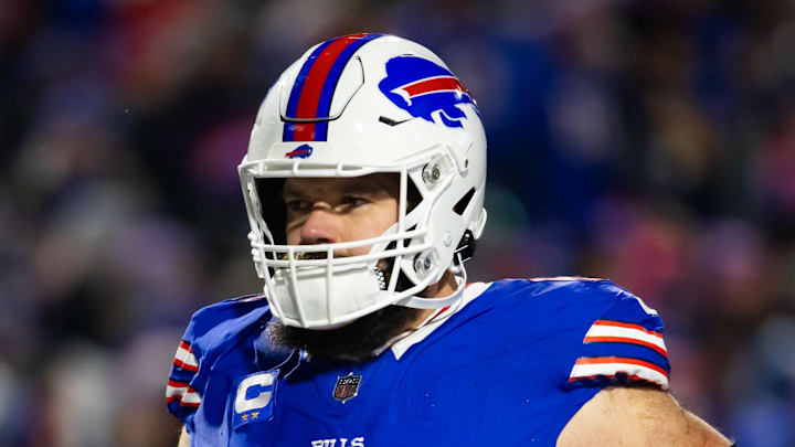 Jan 21, 2024; Orchard Park, New York, USA; Buffalo Bills center Mitch Morse (60) against the Kansas City Chiefs in the 2024 AFC divisional round game at Highmark Stadium. Mandatory Credit: Mark J. Rebilas-Imagn Images
