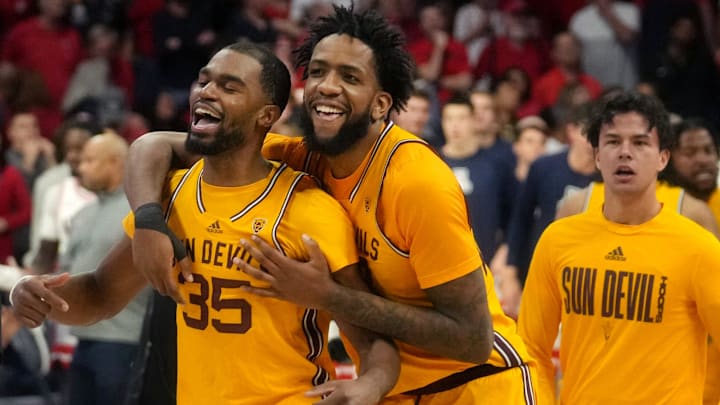 Arizona State San Devils forward Warren Washington (22) and guard Devan Cambridge (35) celebrate their 89-88 win over the Arizona Wildcats at McKale Center in Tucson on Feb. 25, 2023.

Basketball Asu Ua Mbb Arizona State At Arizona