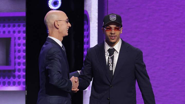 Jun 23, 2026; New York, NY, USA; NBA commissioner Adam Silver greets the seventh pick in the 2026 NBA draft, Arkansas guard Darius Acuff Jr. after he was selected by the Sacramento Kings at Barclays Center.