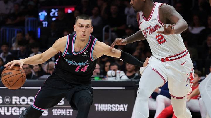 Feb 28, 2026; Miami, Florida, USA; Miami Heat guard Tyler Herro (14) drives to the basket against Houston Rockets forward Dorian Finney-Smith (2) during the third quarter at Kaseya Center. Mandatory Credit: Sam Navarro-Imagn Images Feb 28, 2026; Miami, Florida, USA; Miami Heat guard Tyler Herro (14) drives to the basket against Houston Rockets forward Dorian Finney-Smith (2) during the third quarter at Kaseya Center. Mandatory Credit: Sam Navarro-Imagn Images