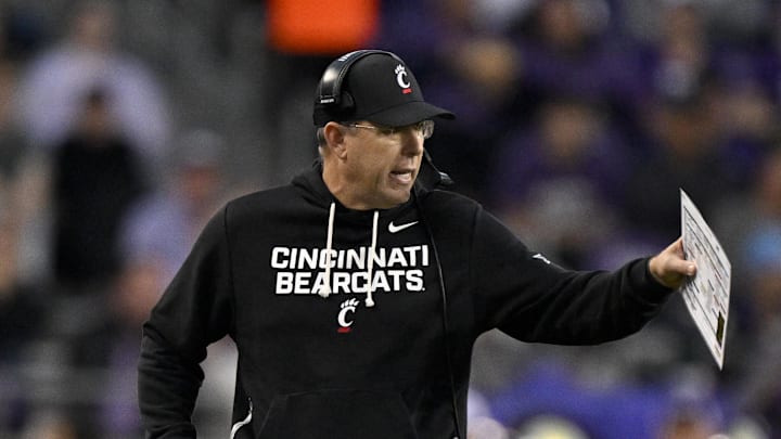 Nov 29, 2025; Fort Worth, Texas, USA; Cincinnati Bearcats head coach Scott Satterfield looks on during the first half against the TCU Horned Frogs at Amon G. Carter Stadium. Mandatory Credit: Jerome Miron-Imagn Images