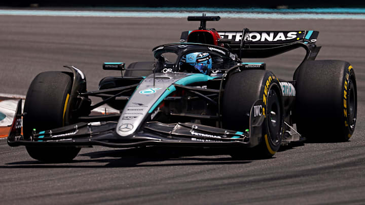 May 4, 2024; Miami Gardens, Florida, USA; Mercedes driver George Russell (63) during the F1 Sprint Race at Miami International Autodrome. Mandatory Credit: Peter Casey-Imagn Images
