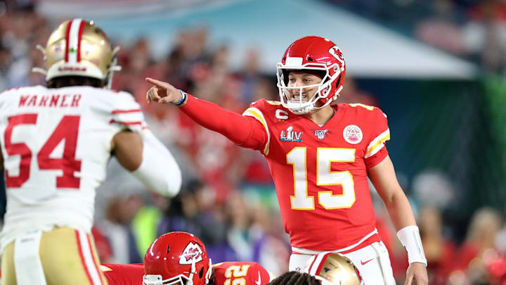 Feb 2, 2020; Miami Gardens, Florida, USA; Kansas City Chiefs quarterback Patrick Mahomes (15) reacts against the San Francisco 49ers in Super Bowl LIV at Hard Rock Stadium. Mandatory Credit: Mark J. Rebilas-Imagn Images