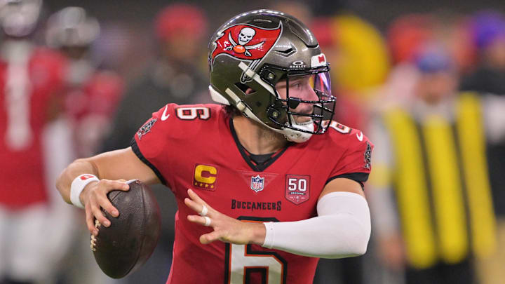 Nov 23, 2025; Inglewood, California, USA; Tampa Bay Buccaneers quarterback Baker Mayfield (6) looks to pass the ball against the Los Angeles Rams during the second quarter at SoFi Stadium. Mandatory Credit: Jayne Kamin-Oncea-Imagn Images