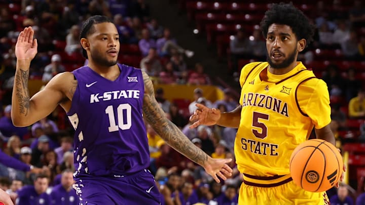 Jan 10, 2026; Tempe, Arizona, USA; Arizona State Sun Devils guard Maurice Odum (5) drives to the basket against Kansas State Wildcats guard David Castillo (10) in the second half at Desert Financial Arena. Mandatory Credit: Mark J. Rebilas-Imagn Images