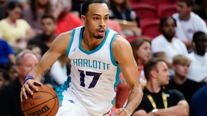 Jul 11, 2023; Las Vegas, NV, USA; Charlotte Hornets guard Amari Bailey (17) dribbles the ball against the Portland Trail Blazers during the second half at Thomas & Mack Center. Mandatory Credit: Lucas Peltier-Imagn Images Jul 11, 2023; Las Vegas, NV, USA; Charlotte Hornets guard Amari Bailey (17) dribbles the ball against the Portland Trail Blazers during the second half at Thomas & Mack Center. Mandatory Credit: Lucas Peltier-Imagn Images