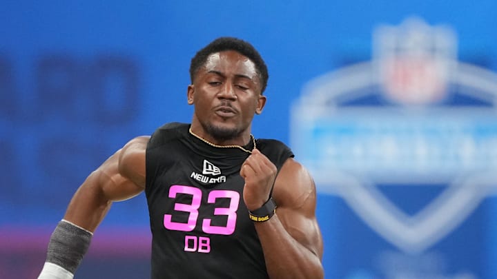 Defensive back Justin Walley runs in the 40 yard dash during the 2025 NFL Combine 