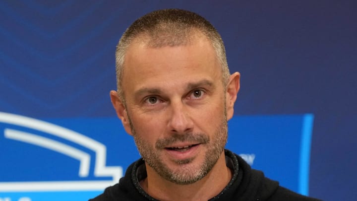Feb 25, 2025; Indianapolis, IN, USA; Las Vegas Raiders general manager John Spytek speaks during the NFL Scouting Combine at the Indiana Convention Center. Mandatory Credit: Kirby Lee-Imagn Images