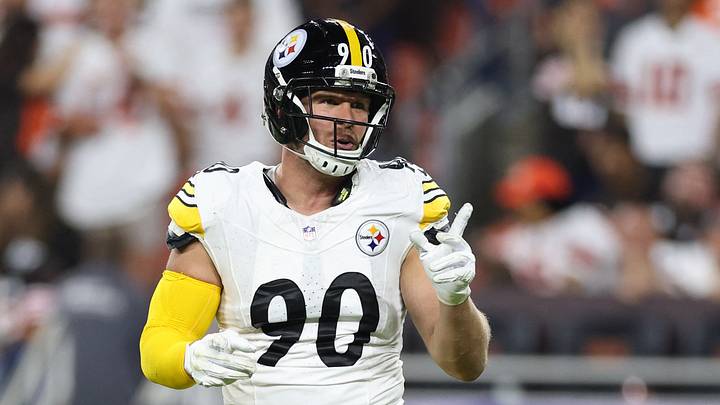Oct 1, 2026; Cleveland, Ohio, USA;  Pittsburgh Steelers linebacker T.J. Watt (90) reacts in the second half at Huntington Bank Field.  Mandatory Credit: Scott Galvin-Imagn Images