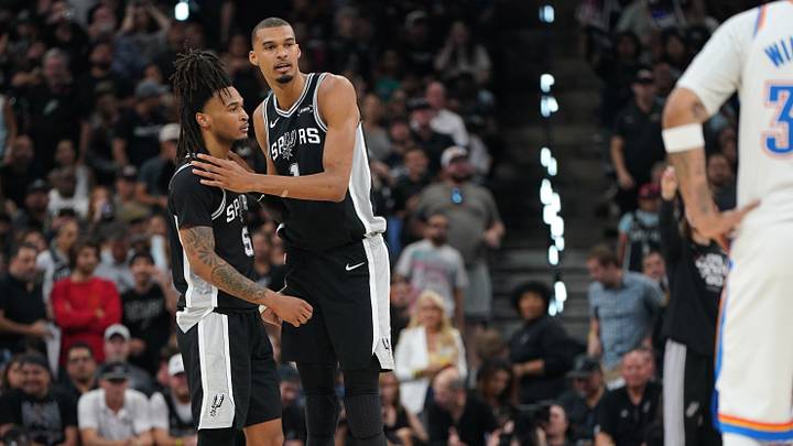 May 28, 2026; San Antonio, Texas, USA; San Antonio Spurs forward Victor Wembanyama (1) talks to guard Stephon Castle (5) during game six of the western conference finals for the 2026 NBA Playoffs against Oklahoma City Thunder at Frost Bank Center. May 28, 2026; San Antonio, Texas, USA; San Antonio Spurs forward Victor Wembanyama (1) talks to guard Stephon Castle (5) during game six of the western conference finals for the 2026 NBA Playoffs against Oklahoma City Thunder at Frost Bank Center.