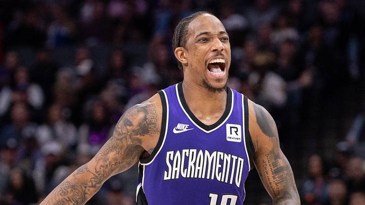 Jan 19, 2025; Sacramento, California, USA; Sacramento Kings forward DeMar DeRozan (10) reacts to a missed shot against the Washington Wizards during the fourth quarter at Golden 1 Center. Mandatory Credit: Ed Szczepanski-Imagn Images