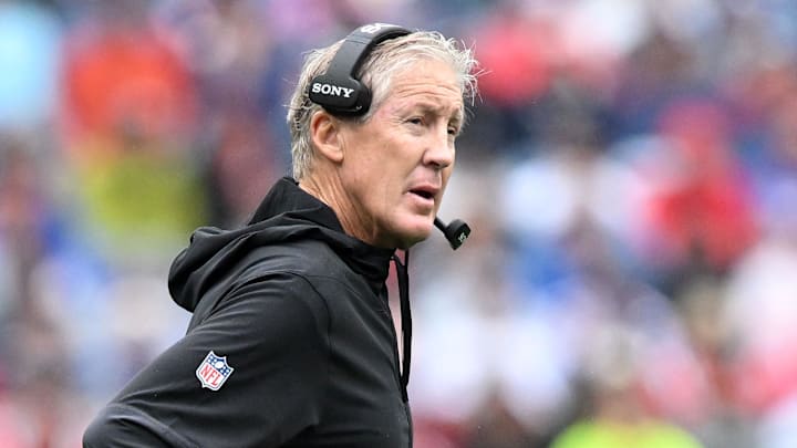 Sep 7, 2025; Foxborough, Massachusetts, USA; Las Vegas Raiders head coach Pete Carroll in the first half against the New England Patriots at Gillette Stadium. Mandatory Credit: Brian Fluharty-Imagn Images