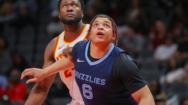Oct 12, 2023; Atlanta, Georgia, USA; Memphis Grizzlies forward Kenneth Lofton Jr. (6) boxes out
