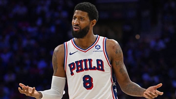Philadelphia 76ers forward Paul George (8) questions the official against the Detroit Pistons during the second half at Xfinity Mobile Arena. Philadelphia 76ers forward Paul George (8) questions the official against the Detroit Pistons during the second half at Xfinity Mobile Arena.