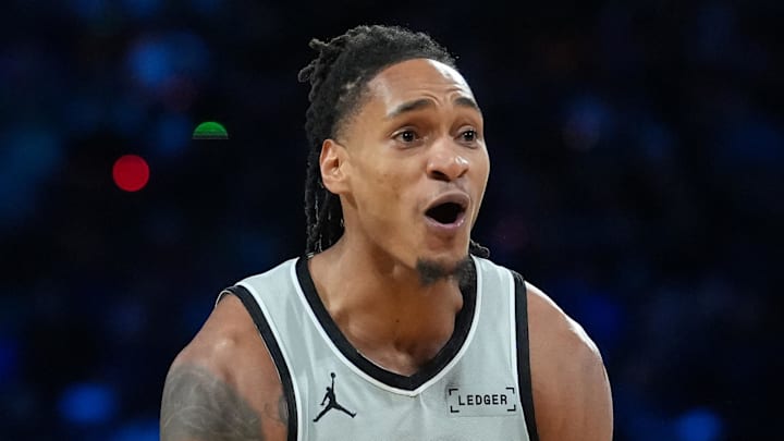 Dec 16, 2025; Las Vegas, Nevada, USA; San Antonio Spurs guard Devin Vassell (24) reacts against the New York Knicks during the Emirates NBA Cup Final at T-Mobile Arena. Mandatory Credit: Kirby Lee-Imagn Images Dec 16, 2025; Las Vegas, Nevada, USA; San Antonio Spurs guard Devin Vassell (24) reacts against the New York Knicks during the Emirates NBA Cup Final at T-Mobile Arena. Mandatory Credit: Kirby Lee-Imagn Images