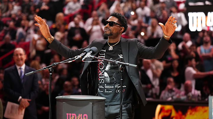 Jan 19, 2024; Miami, Florida, USA; Udonis Haslem speaks after his jersey was lifted to the rafters during the retirement ceremony during halftime of the game between the Miami Heat and the Atlanta Hawks Kaseya Center. Mandatory Credit: Jasen Vinlove-Imagn Images Jan 19, 2024; Miami, Florida, USA; Udonis Haslem speaks after his jersey was lifted to the rafters during the retirement ceremony during halftime of the game between the Miami Heat and the Atlanta Hawks Kaseya Center. Mandatory Credit: Jasen Vinlove-Imagn Images