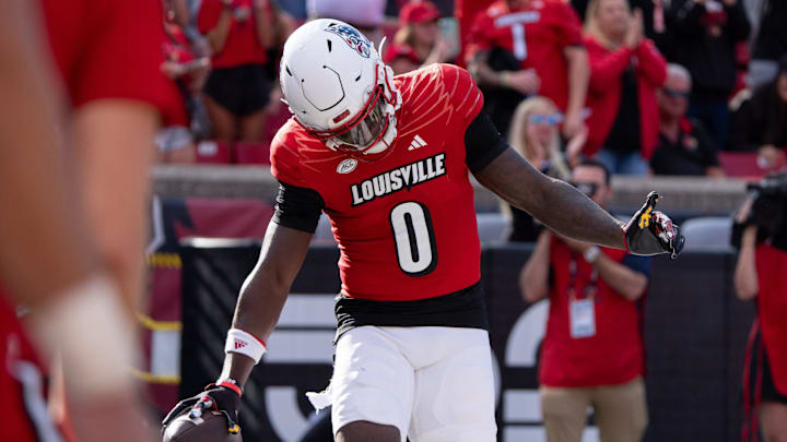 Louisville Cardinals wide receiver Chris Bell (0) celebrates his touchdown during their game against the Jacksonville State Gamecocks on Saturday, Sept. 7, 2024 at L&N Federal Credit Union Stadium in Louisville, Ky.