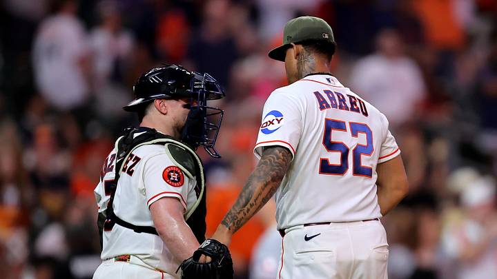 May 16, 2026; Houston, Texas, USA; Houston Astros pitcher Bryan Abreu (52) and catcher Christian Vasquez (2) congratulate each other after the final out against the Texas Rangers during the ninth inning at Daikin Park. Mandatory Credit: Erik Williams-Imagn Images May 16, 2026; Houston, Texas, USA; Houston Astros pitcher Bryan Abreu (52) and catcher Christian Vasquez (2) congratulate each other after the final out against the Texas Rangers during the ninth inning at Daikin Park. Mandatory Credit: Erik Williams-Imagn Images