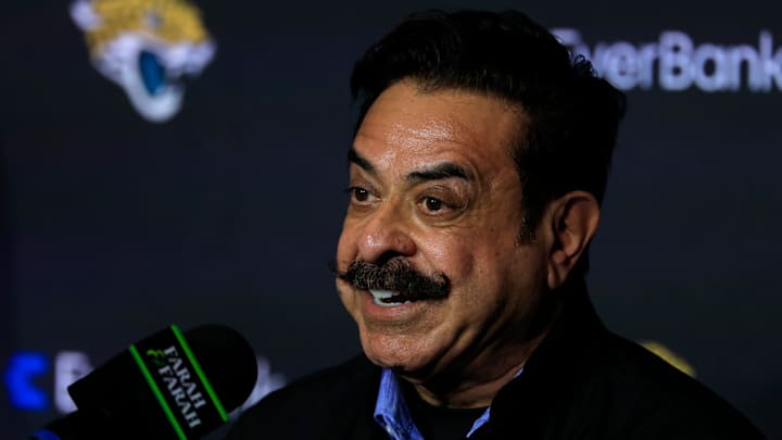 Jacksonville Jaguars owner Shad Khan fields questions after introducing Liam Coen as the new head coach during a press conference Monday, Jan. 27, 2025 at the Miller Electric Center in Jacksonville, Fla. [Corey Perrine/Florida Times-Union]