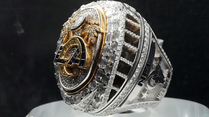 The Super Bowl 56 ring to commemorate the Los Angeles Rams 23-20 victory over the Cincinnati Bengals in Super Bowl LVI.  Mandatory Credit: Kirby Lee-Imagn Images