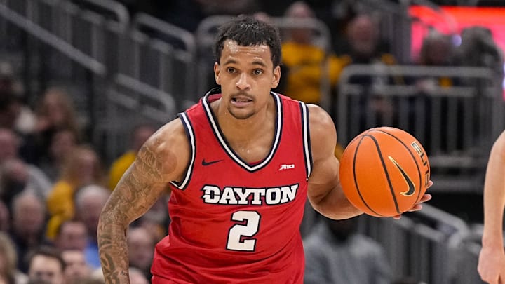 Nov 19, 2025; Milwaukee, Wisconsin, USA;  Dayton Flyers guard De'Shayne Montgomery (2) during the game against the Marquette Golden Eagles at Fiserv Forum. Mandatory Credit: Jeff Hanisch-Imagn Images